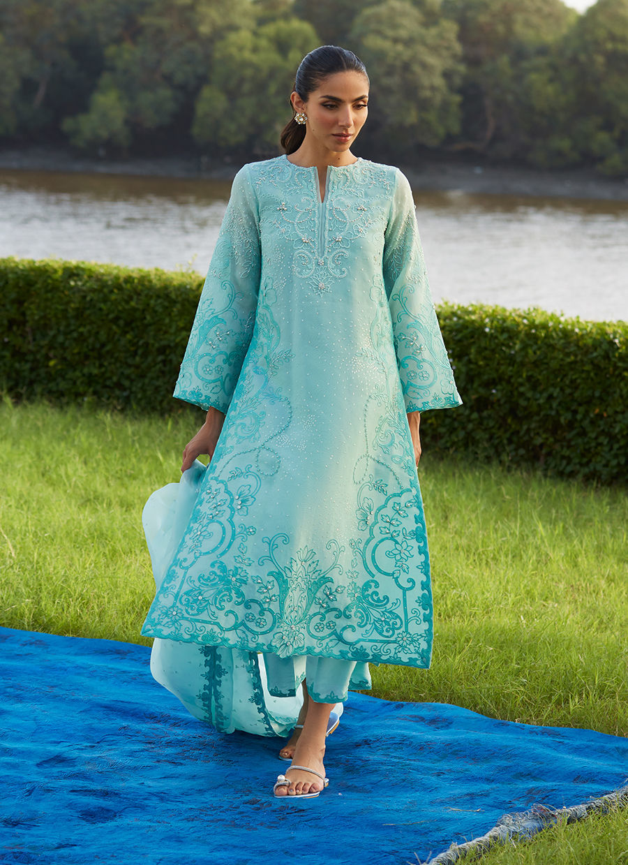 Wari Aqua Kurta And Dupatta – authentic Pakistani formal dress from the Farah Talib Aziz Mayna Festive Luxe Pret collection for women in the UK