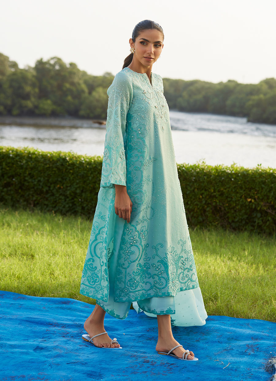 Farah Talib Aziz | Mayna Festive Luxe Pret | Wari Aqua Kurta And Dupatta