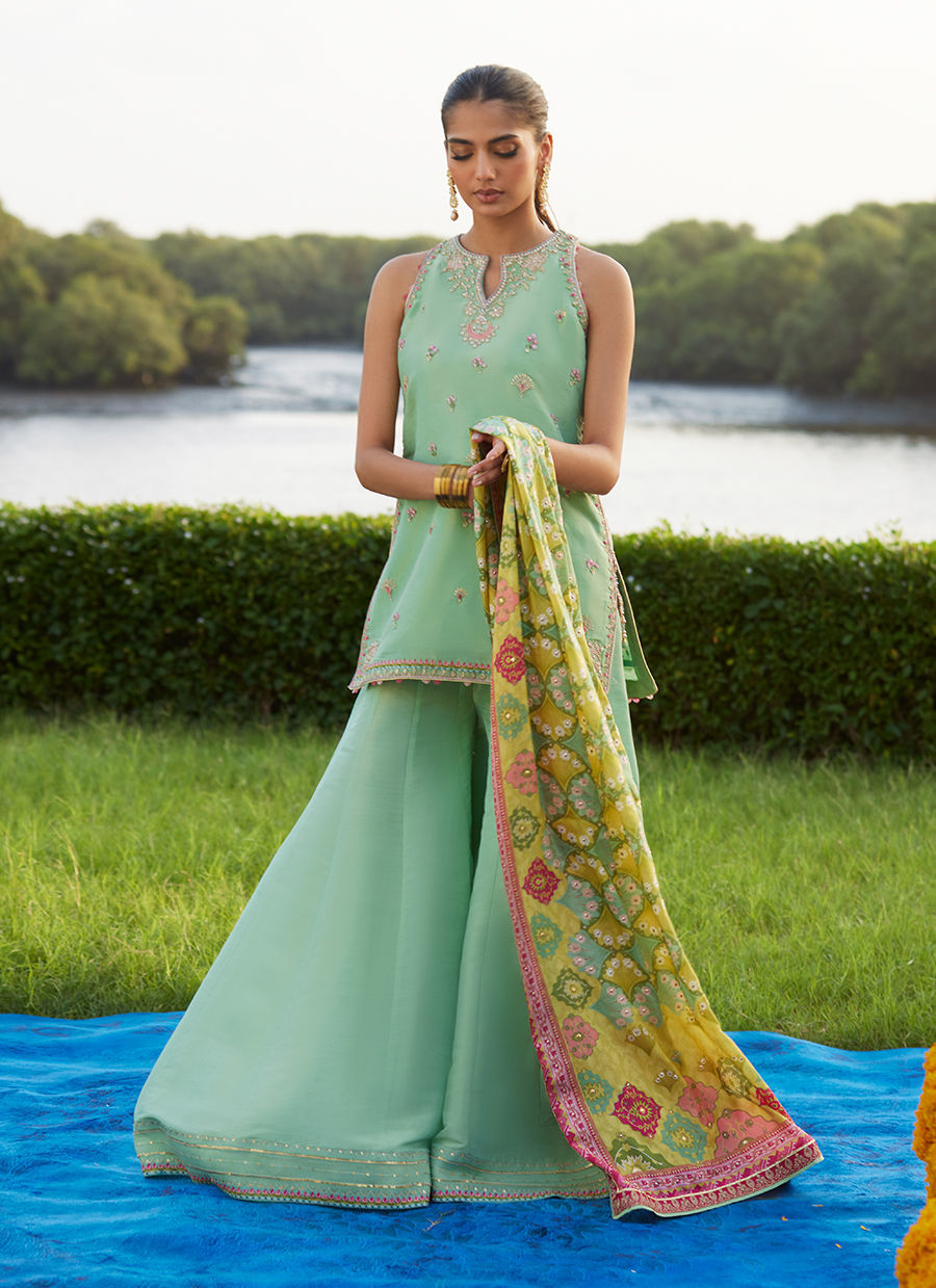 Cascade Mint Shirt And Dupatta – authentic Pakistani formal dress from the Farah Talib Aziz Mayna Festive Luxe Pret collection for women in the UK