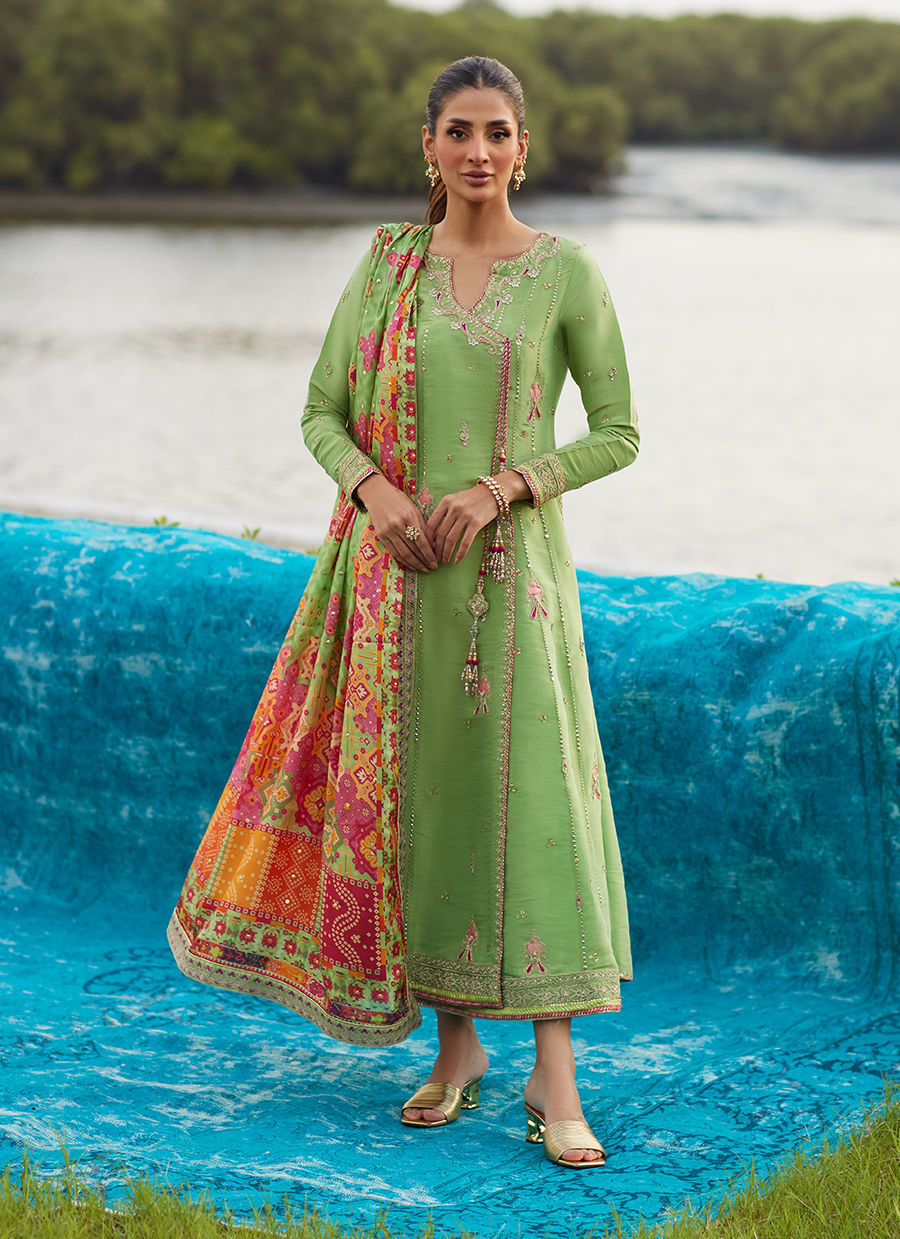 Farah Talib Aziz | Mayna Festive Luxe Pret | Elysian Sage Shirt And Dupatta