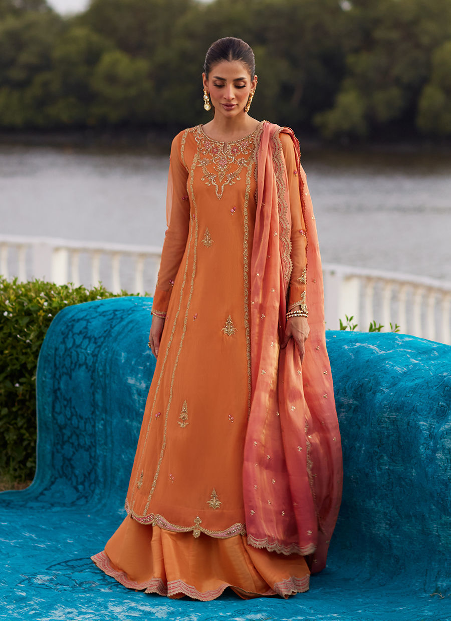 Anarkali Apricot Kalidaar And Dupatta – authentic Pakistani formal dress from the Farah Talib Aziz Mayna Festive Luxe Pret collection for women in the UK