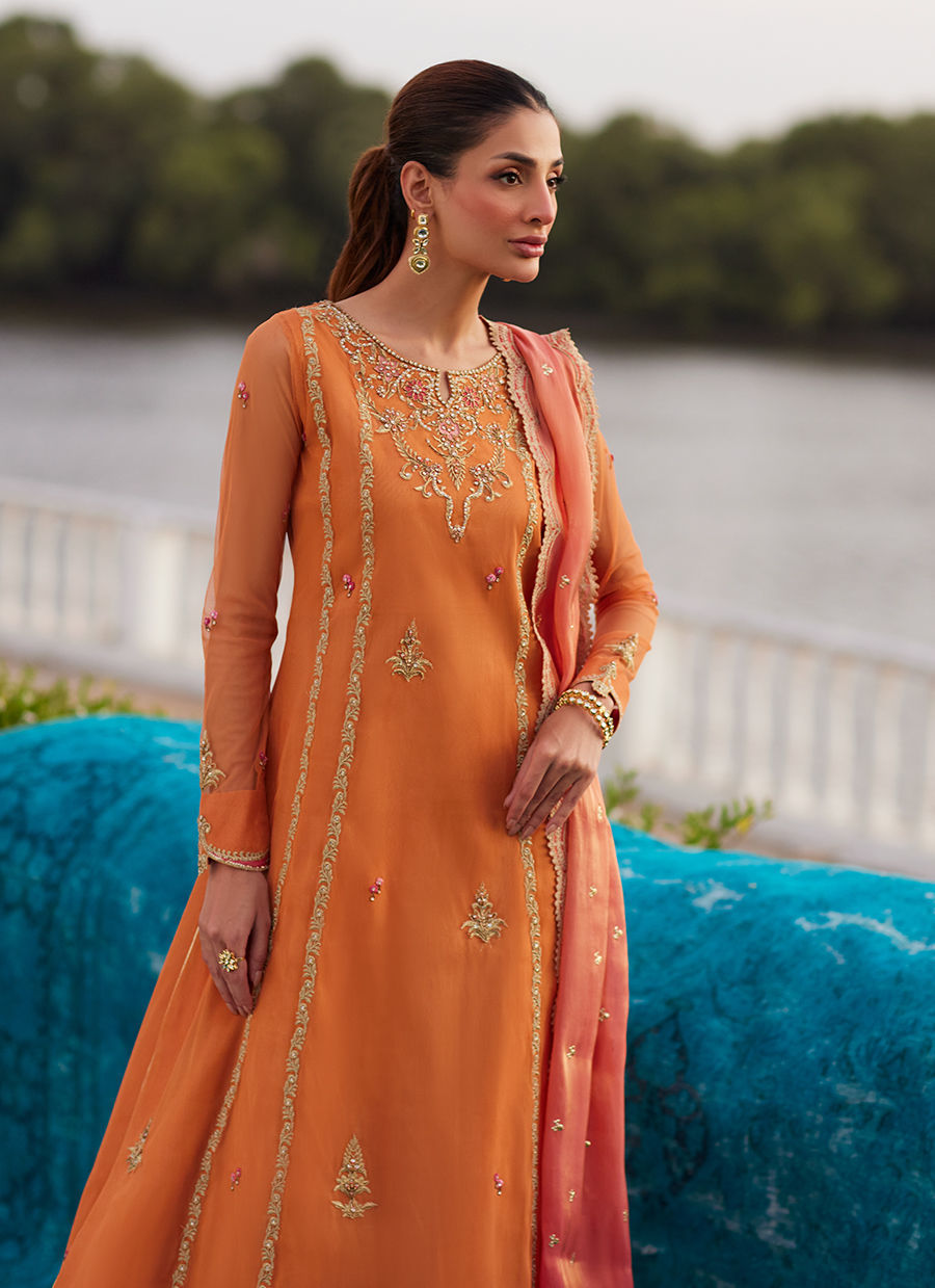 Farah Talib Aziz | Mayna Festive Luxe Pret | Anarkali Apricot Kalidaar And Dupatta