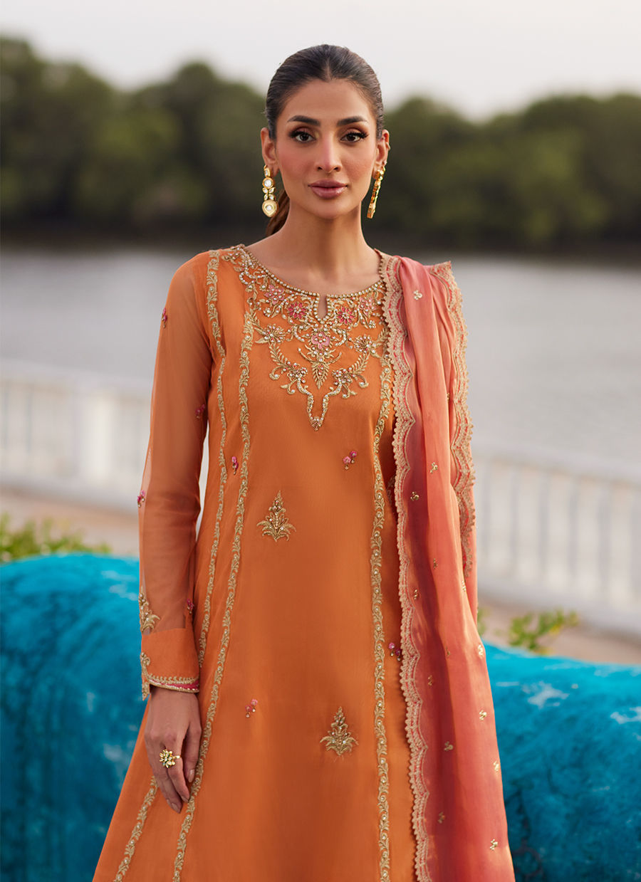 Farah Talib Aziz | Mayna Festive Luxe Pret | Anarkali Apricot Kalidaar And Dupatta