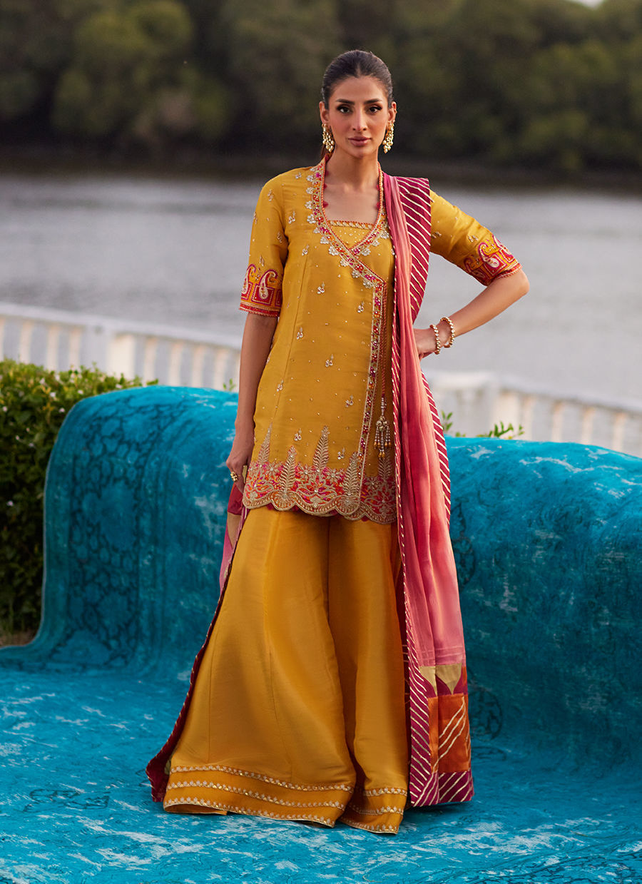 Henna Saffron Angharkha And Dupatta – authentic Pakistani formal dress from the Farah Talib Aziz Mayna Festive Luxe Pret collection for women in the UK