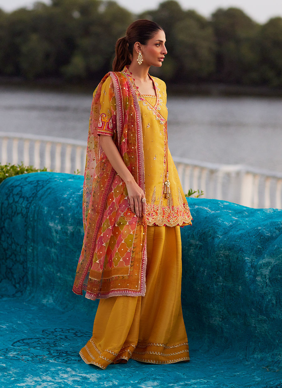 Farah Talib Aziz | Mayna Festive Luxe Pret | Henna Saffron Angharkha And Dupatta
