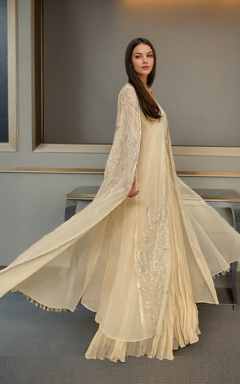 Threads and Motifs | Formal Dresses 25 | Chiffon Embroidered Cape With Crushed Maxi by Threads and Motifs - Designer Dress  - Type : Ladies Clothes - Available at Libayah - 100% Original 