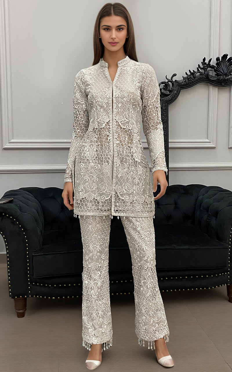 Threads and Motifs | Formal Dresses 25 | Organza Embroidered Jacket with Trouser by Threads and Motifs - Designer Dress  - Type : Ladies Clothes - Available at Libayah - 100% Original 