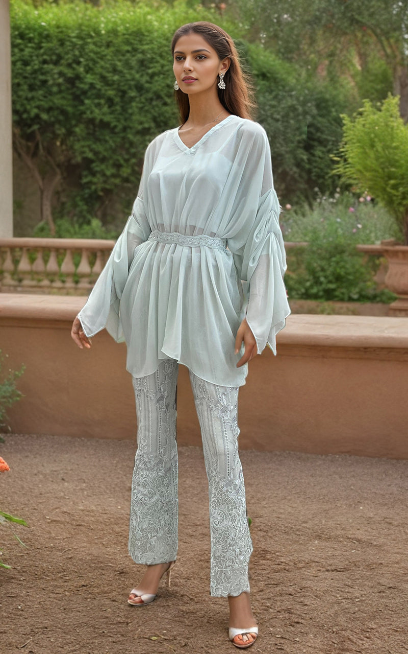 Threads and Motifs | Formal Dresses 25 | Chiffon Top with Organza Embroidered Trouser by Threads and Motifs - Designer Dress  - Type : Ladies Clothes - Available at Libayah - 100% Original 