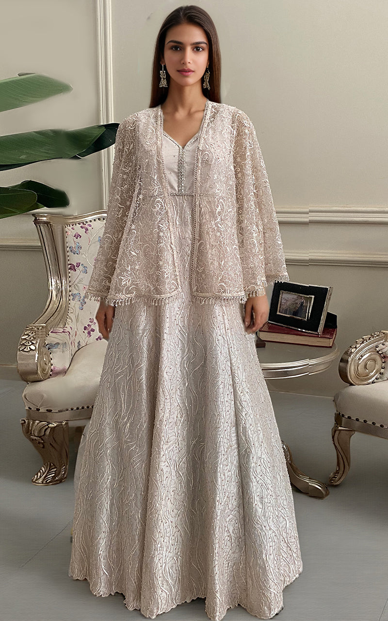 Threads and Motifs | Formal Dresses 25 | Net Embroidered Maxi With Embroidered Cape by Threads and Motifs - Designer Dress  - Type : Ladies Clothes - Available at Libayah - 100% Original 