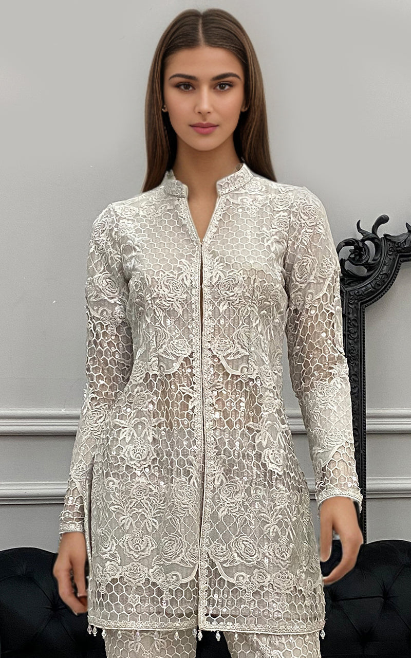 Threads and Motifs | Formal Dresses 25 | Organza Embroidered Jacket with Trouser by Threads and Motifs - Designer Dress  - Type : Ladies Clothes - Available at Libayah - 100% Original 