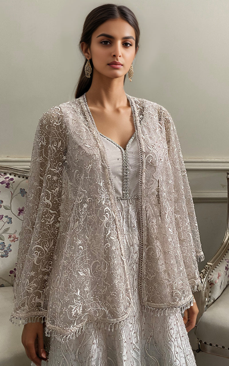 Threads and Motifs | Formal Dresses 25 | Net Embroidered Maxi With Embroidered Cape by Threads and Motifs - Designer Dress  - Type : Ladies Clothes - Available at Libayah - 100% Original 
