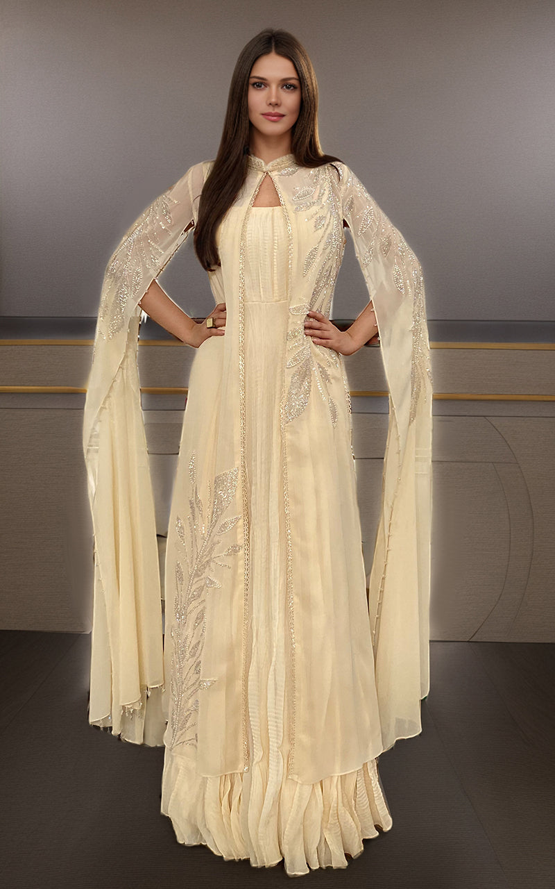 Threads and Motifs | Formal Dresses 25 | Chiffon Embroidered Cape With Crushed Maxi by Threads and Motifs - Designer Dress  - Type : Ladies Clothes - Available at Libayah - 100% Original 