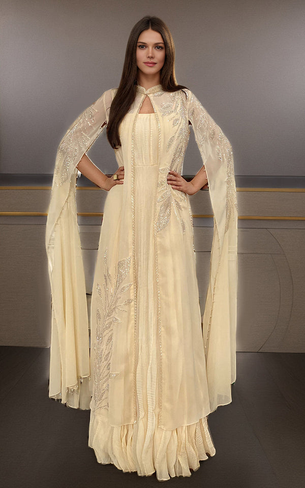 Threads and Motifs | Formal Dresses 25 | Chiffon Embroidered Cape With Crushed Maxi by Threads and Motifs - Designer Dress  - Type : Ladies Clothes - Available at Libayah - 100% Original 