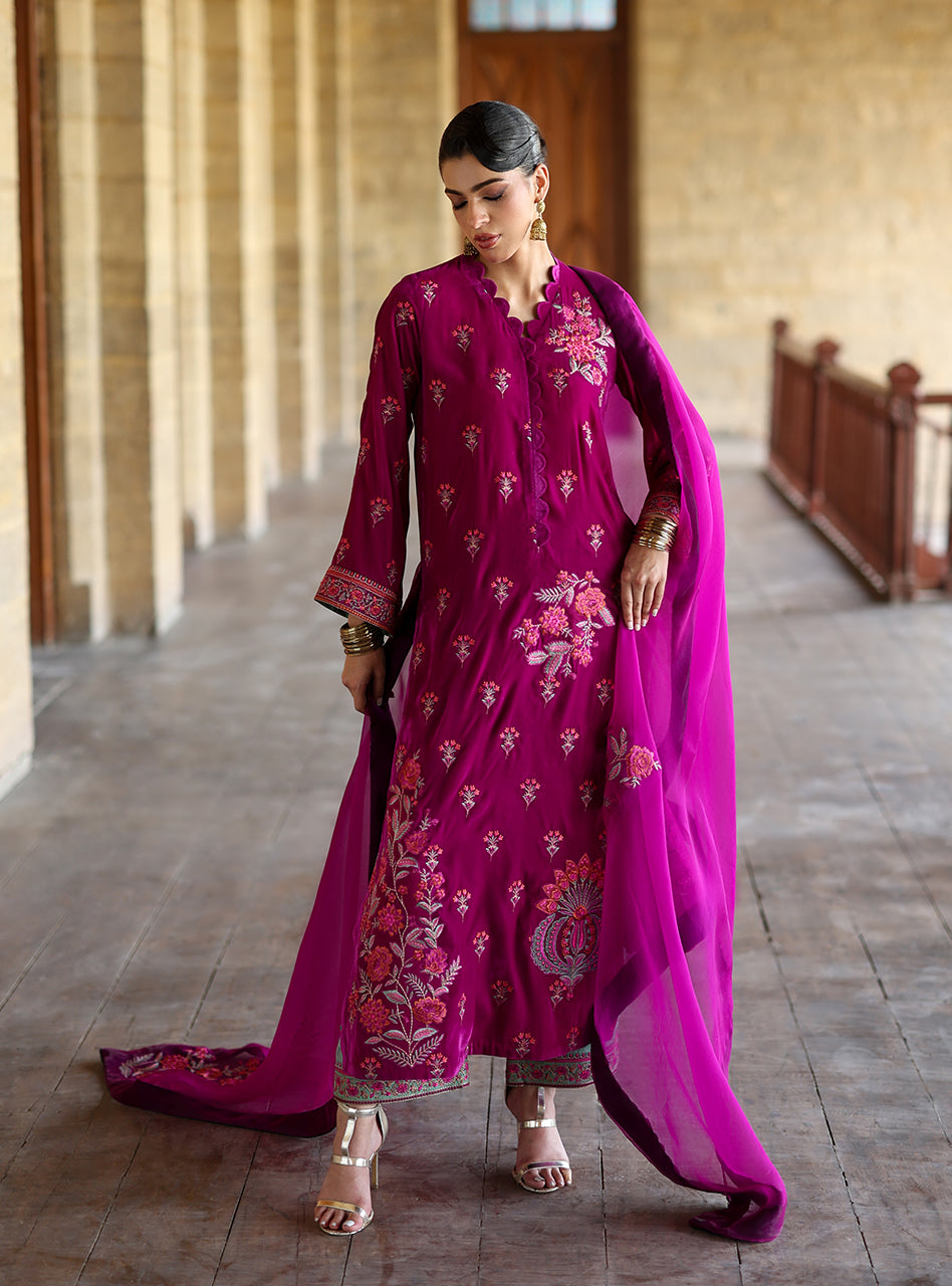 Zainab Chottani | Velura Velvet Edit 25 | Mulberry Long Shirt by Zainab Chottani - Designer Dress - Type : Ladies Clothes - Available at Libayah - 100% Original 