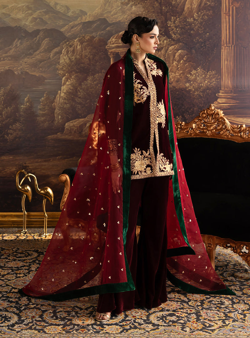 Zainab Chottani | Velura Velvet Edit 25 | Claret Flared Pants by Zainab Chottani - Designer Dress - Type : Ladies Clothes - Available at Libayah - 100% Original 