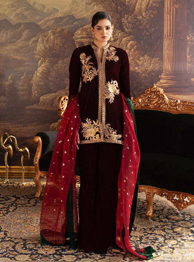 Zainab Chottani | Velura Velvet Edit 25 | Claret Flared Pants by Zainab Chottani - Designer Dress - Type : Ladies Clothes - Available at Libayah - 100% Original 