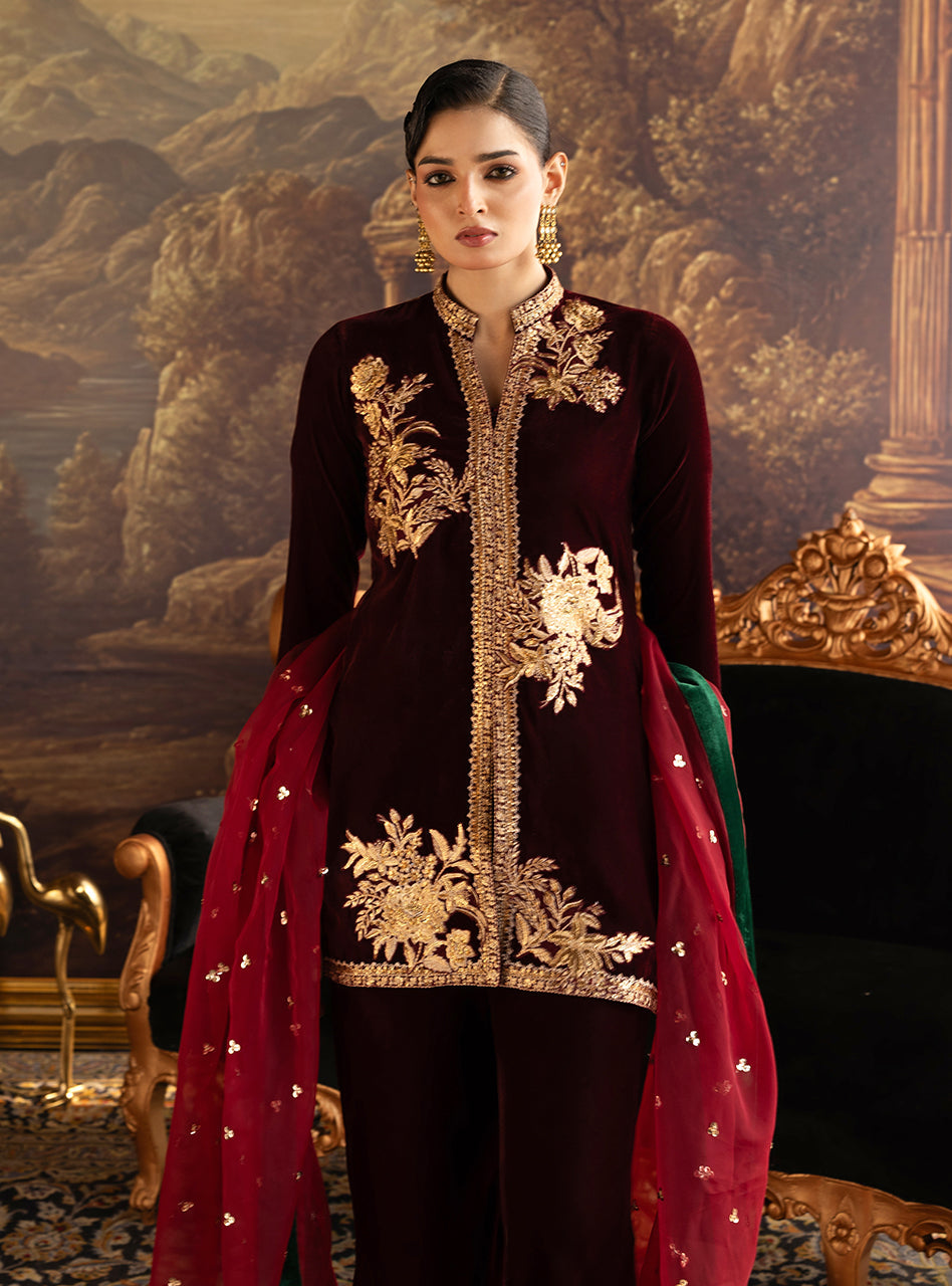 Zainab Chottani | Velura Velvet Edit 25 | Claret Flared Pants by Zainab Chottani - Designer Dress - Type : Ladies Clothes - Available at Libayah - 100% Original 