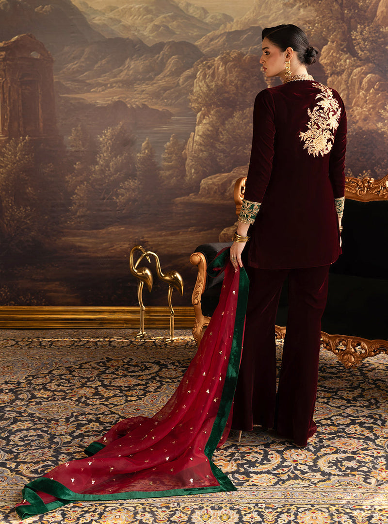 Zainab Chottani | Velura Velvet Edit 25 | Claret Flared Pants by Zainab Chottani - Designer Dress - Type : Ladies Clothes - Available at Libayah - 100% Original 