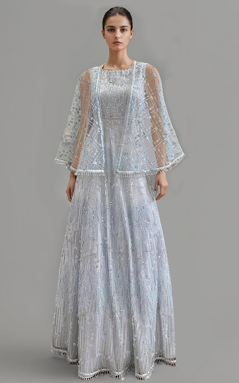 Threads and Motifs | Formal Dresses 25 | Net Embroidered Cape With Maxi by Threads and Motifs - Designer Dress  - Type : Ladies Clothes - Available at Libayah - 100% Original 