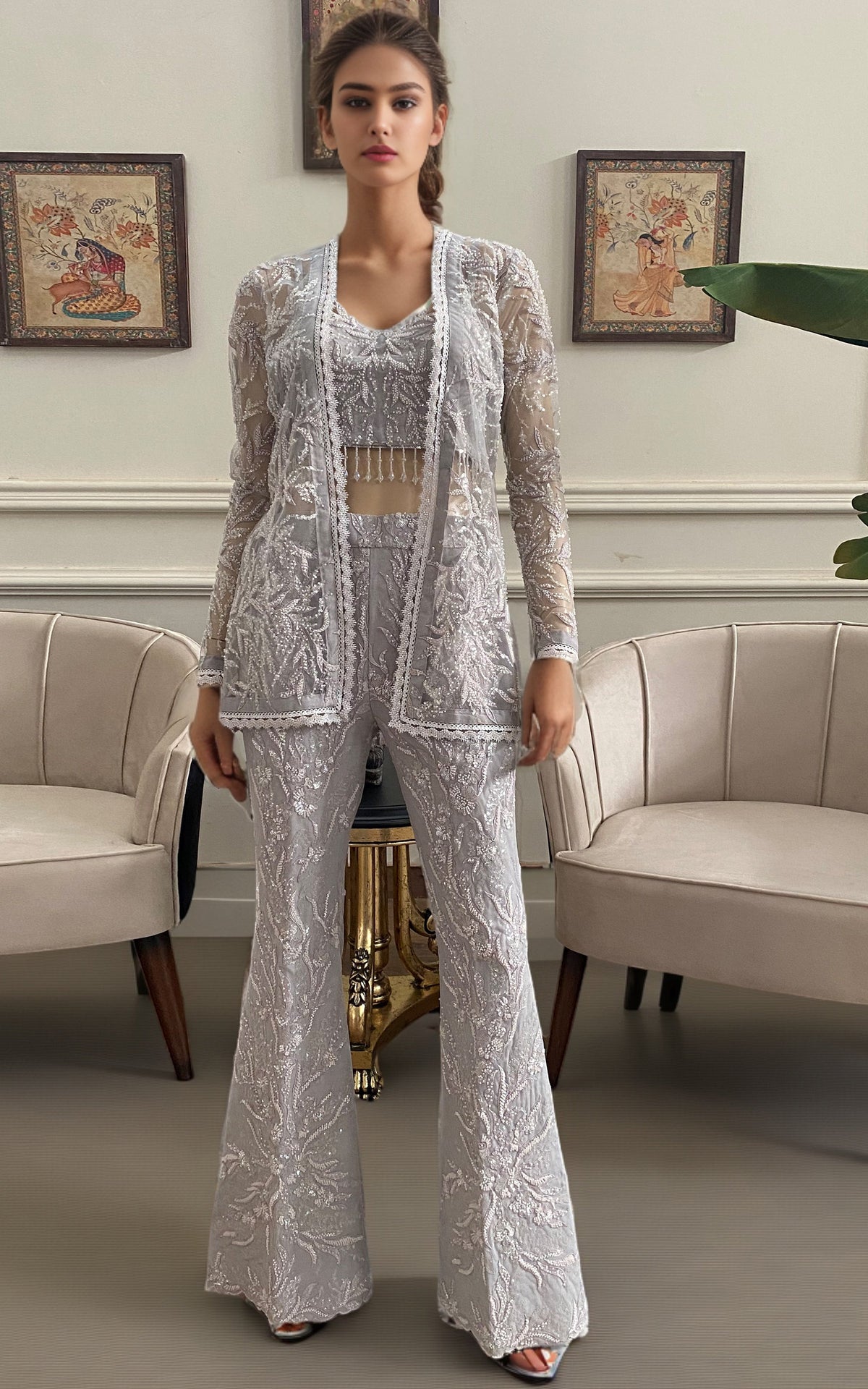 Threads and Motifs | Formal Dresses 25 | Net Embroidered Jacket With Embroidered Trouser by Threads and Motifs - Designer Dress  - Type : Ladies Clothes - Available at Libayah - 100% Original 