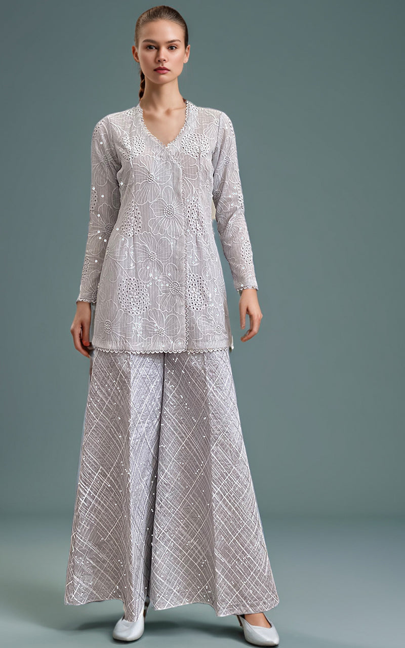Threads and Motifs | Formal Dresses 25 | Chiffon Chikankari Embroidered Angrakha with Net embroidered trouser by Threads and Motifs - Designer Dress  - Type : Ladies Clothes - Available at Libayah - 100% Original 