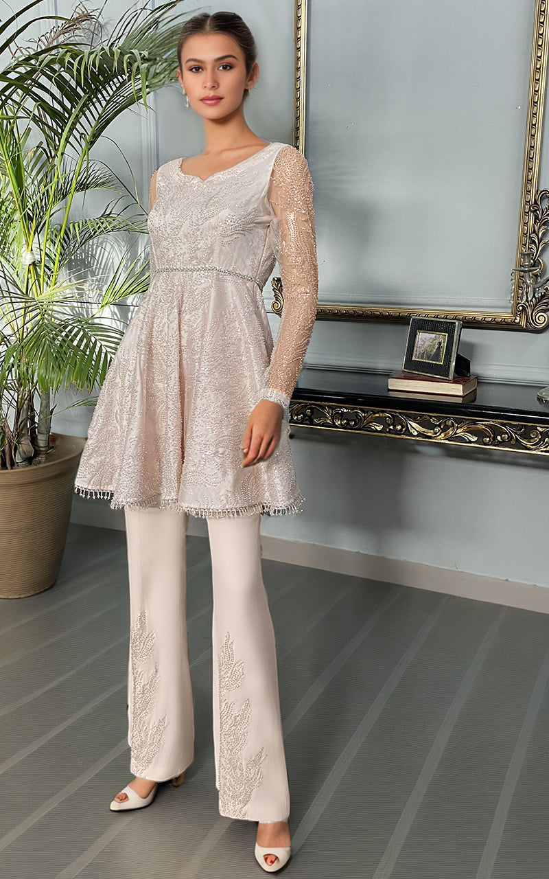 Threads and Motifs | Formal Dresses 25 | Net Embroidered Peplum With Trouser by Threads and Motifs - Designer Dress  - Type : Ladies Clothes - Available at Libayah - 100% Original 