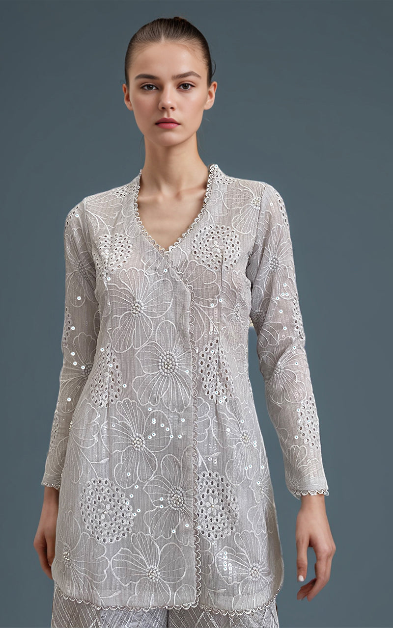 Threads and Motifs | Formal Dresses 25 | Chiffon Chikankari Embroidered Angrakha with Net embroidered trouser by Threads and Motifs - Designer Dress  - Type : Ladies Clothes - Available at Libayah - 100% Original 