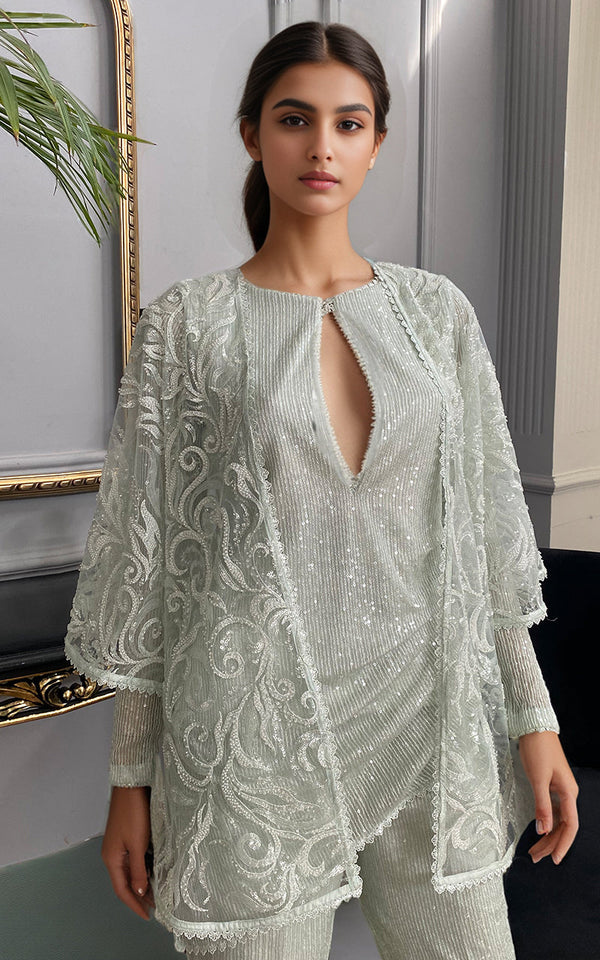 Threads and Motifs | Formal Dresses 25 | Net Embroidered Cap With Sequins Inner And Sequins Trouser by Threads and Motifs - Designer Dress  - Type : Ladies Clothes - Available at Libayah - 100% Original 