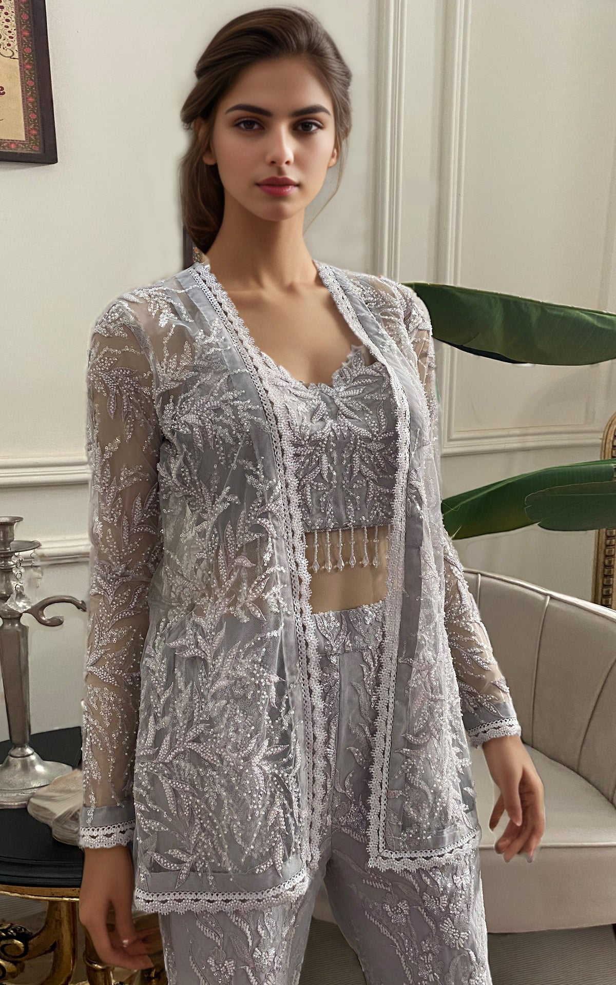 Threads and Motifs | Formal Dresses 25 | Net Embroidered Jacket With Embroidered Trouser by Threads and Motifs - Designer Dress  - Type : Ladies Clothes - Available at Libayah - 100% Original 