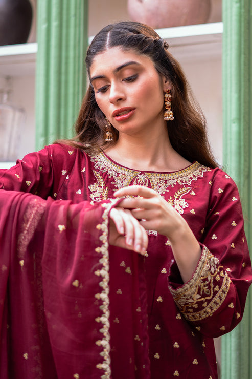 Kross Kulture | Luxury Baharaneh | Baharaneh (Maroon) KLX-00922 by Kross Kulture - Designer Dress - Type: Ladies Clothes - Available at Libayah - 100% Original