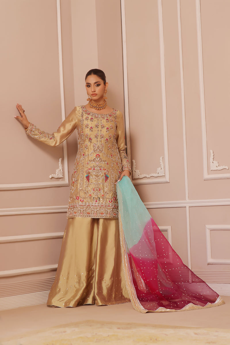 Wahaj M Khan | Banno Formals | GOLD SHEESHA BANO2 PLAZZO SET by Wahaj M Khan - Designer Dress - Type: Ladies Clothes - Available at Libayah - 100% Original