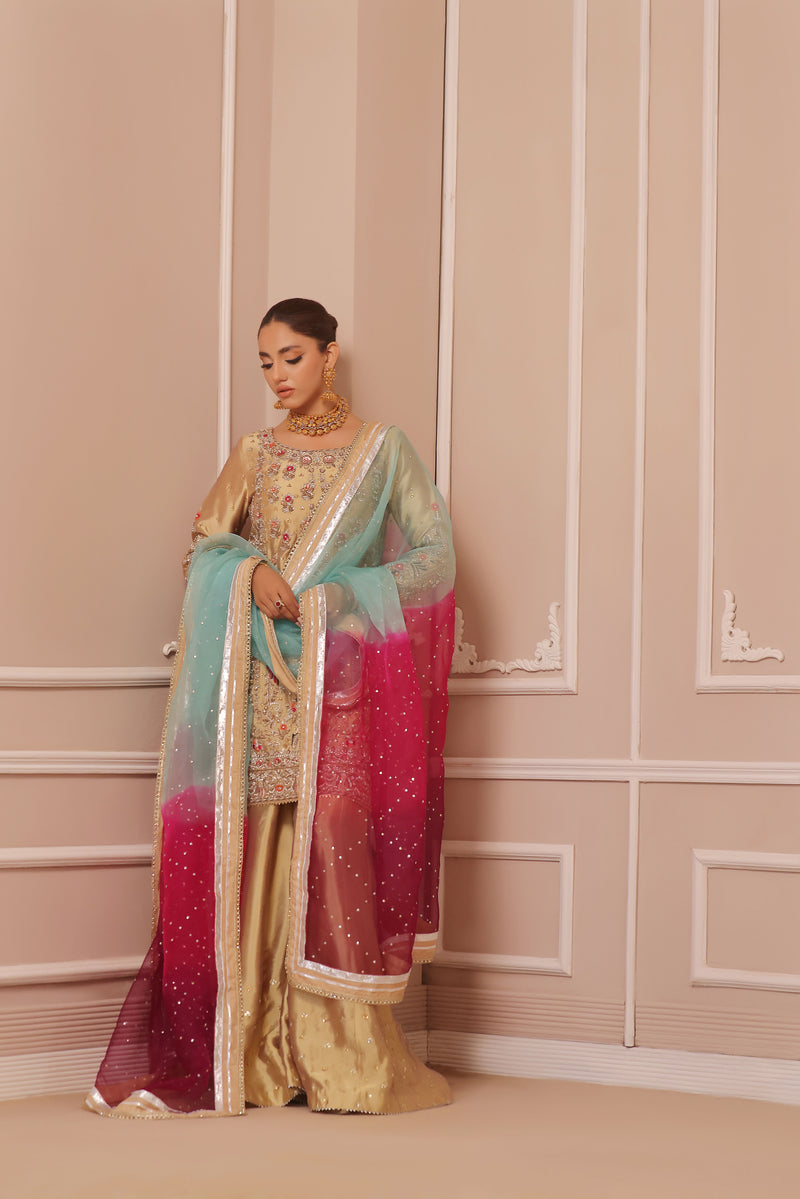 Wahaj M Khan | Banno Formals | GOLD SHEESHA BANO2 PLAZZO SET by Wahaj M Khan - Designer Dress - Type: Ladies Clothes - Available at Libayah - 100% Original