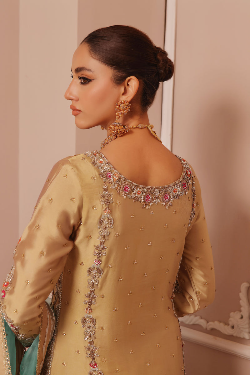 Wahaj M Khan | Banno Formals | GOLD SHEESHA BANO2 PLAZZO SET by Wahaj M Khan - Designer Dress - Type: Ladies Clothes - Available at Libayah - 100% Original