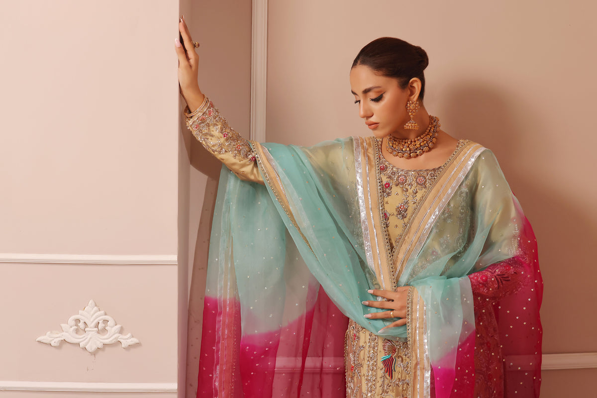 Wahaj M Khan | Banno Formals | GOLD SHEESHA BANO2 PLAZZO SET by Wahaj M Khan - Designer Dress - Type: Ladies Clothes - Available at Libayah - 100% Original