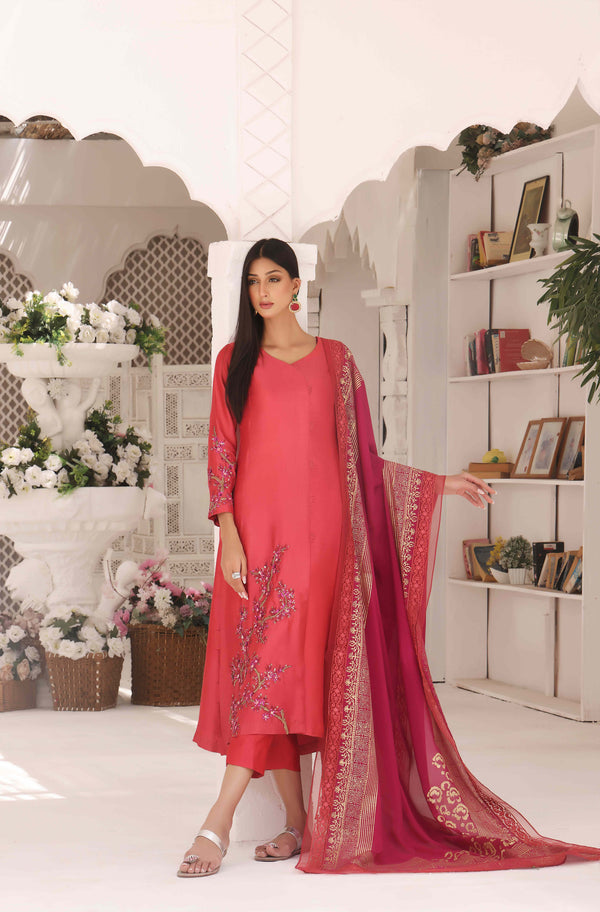 Wahajmkhan | Sitara Formals | CARROT PINK AND MAGENTA OUTFIT by Wahaj M.Khan - Designer Dress - Type: Ladies Clothes - Available at Libayah - 100% Original