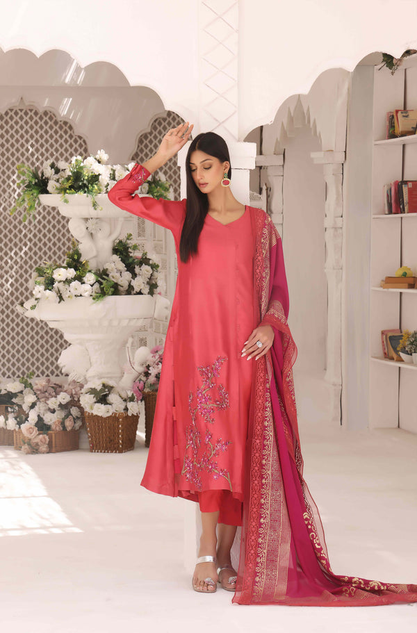 Wahajmkhan | Sitara Formals | CARROT PINK AND MAGENTA OUTFIT by Wahaj M.Khan - Designer Dress - Type: Ladies Clothes - Available at Libayah - 100% Original