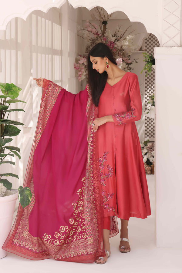 Wahajmkhan | Sitara Formals | CARROT PINK AND MAGENTA OUTFIT by Wahaj M.Khan - Designer Dress - Type: Ladies Clothes - Available at Libayah - 100% Original