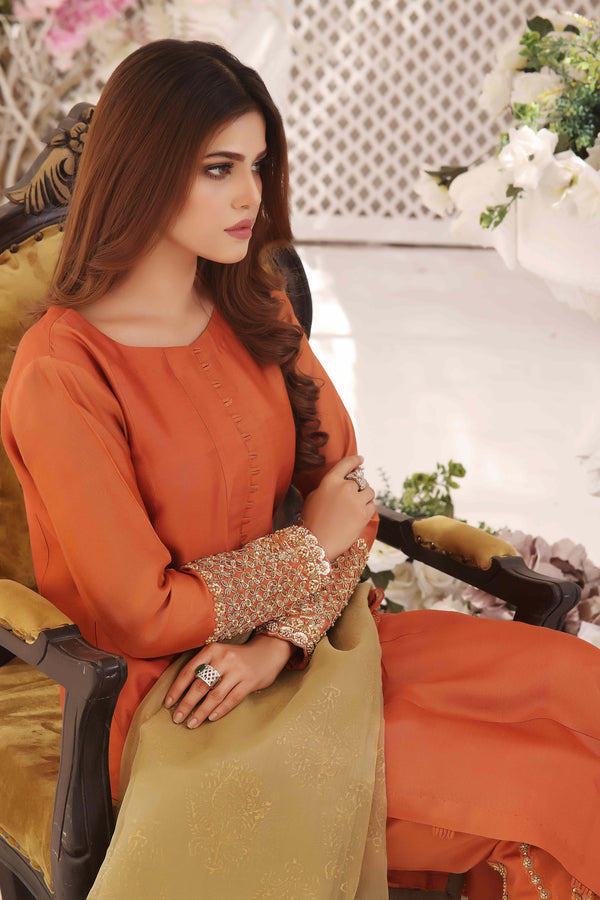 Wahajmkhan | Sitara Formals | RUST & DHANI OUTFIT by Wahaj M.Khan - Designer Dress - Type: Ladies Clothes - Available at Libayah - 100% Original