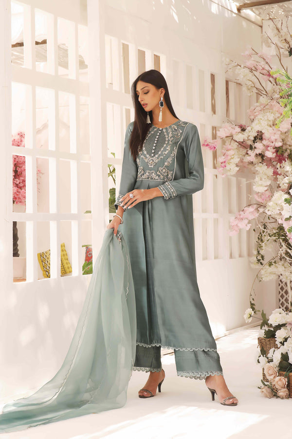 Wahajmkhan | Sitara Formals | SCHOOL GREY KAFTAN OUTFIT by Wahaj M.Khan - Designer Dress - Type: Ladies Clothes - Available at Libayah - 100% Original