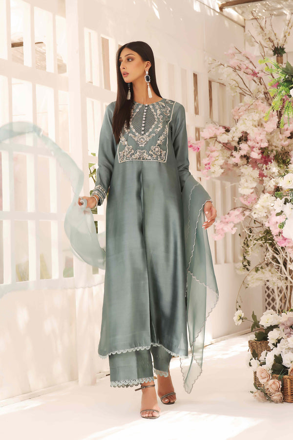 Wahajmkhan | Sitara Formals | SCHOOL GREY KAFTAN OUTFIT by Wahaj M.Khan - Designer Dress - Type: Ladies Clothes - Available at Libayah - 100% Original