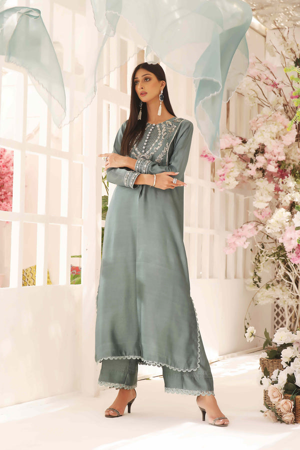 Wahajmkhan | Sitara Formals | SCHOOL GREY KAFTAN OUTFIT by Wahaj M.Khan - Designer Dress - Type: Ladies Clothes - Available at Libayah - 100% Original