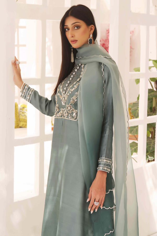 Wahajmkhan | Sitara Formals | SCHOOL GREY KAFTAN OUTFIT by Wahaj M.Khan - Designer Dress - Type: Ladies Clothes - Available at Libayah - 100% Original