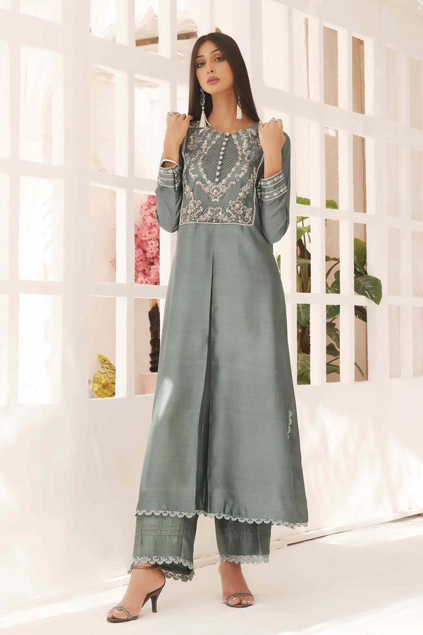 Wahajmkhan | Sitara Formals | SCHOOL GREY KAFTAN OUTFIT by Wahaj M.Khan - Designer Dress - Type: Ladies Clothes - Available at Libayah - 100% Original