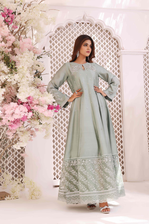 Wahajmkhan | Sitara Formals | MINT SILK ANARKALI OUTFIT by Wahaj M.Khan - Designer Dress - Type: Ladies Clothes - Available at Libayah - 100% Original