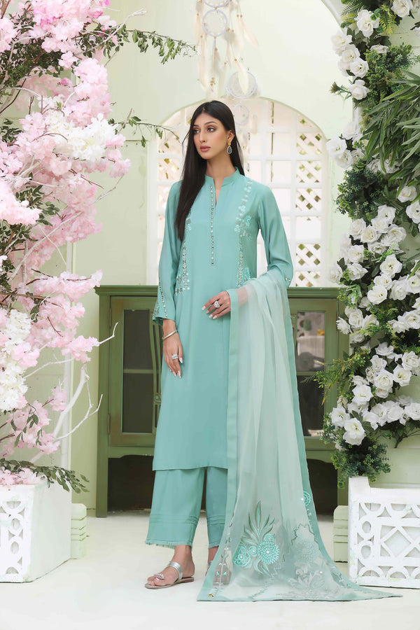 Wahajmkhan | Sitara Formals | SEA GREEN RAWSILK OUTFIT by Wahaj M.Khan - Designer Dress - Type: Ladies Clothes - Available at Libayah - 100% Original