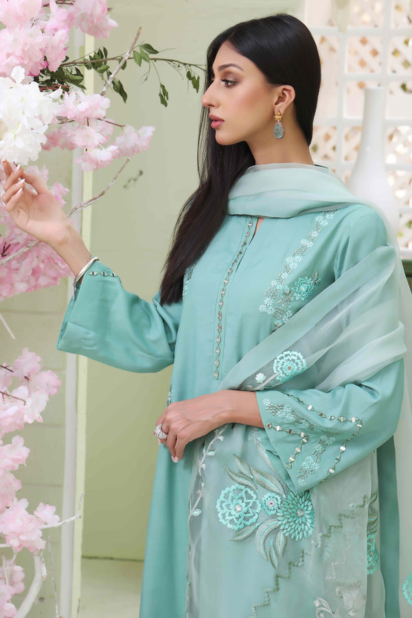 Wahajmkhan | Sitara Formals | SEA GREEN RAWSILK OUTFIT by Wahaj M.Khan - Designer Dress - Type: Ladies Clothes - Available at Libayah - 100% Original