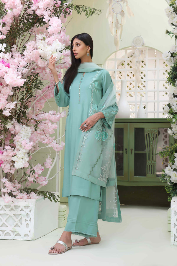 Wahajmkhan | Sitara Formals | SEA GREEN RAWSILK OUTFIT by Wahaj M.Khan - Designer Dress - Type: Ladies Clothes - Available at Libayah - 100% Original