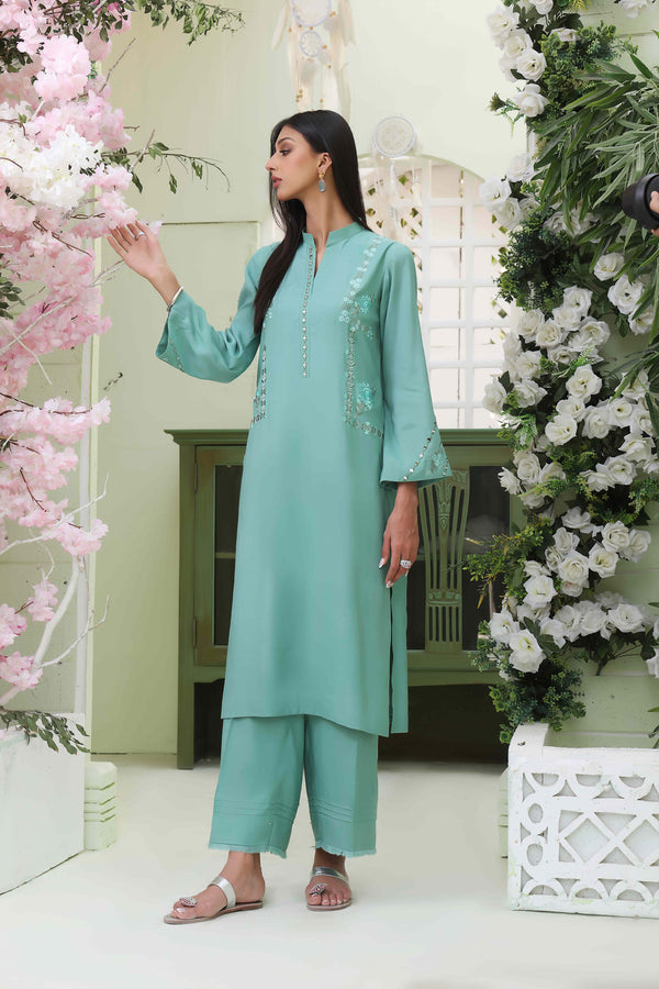 Wahajmkhan | Sitara Formals | SEA GREEN RAWSILK OUTFIT by Wahaj M.Khan - Designer Dress - Type: Ladies Clothes - Available at Libayah - 100% Original