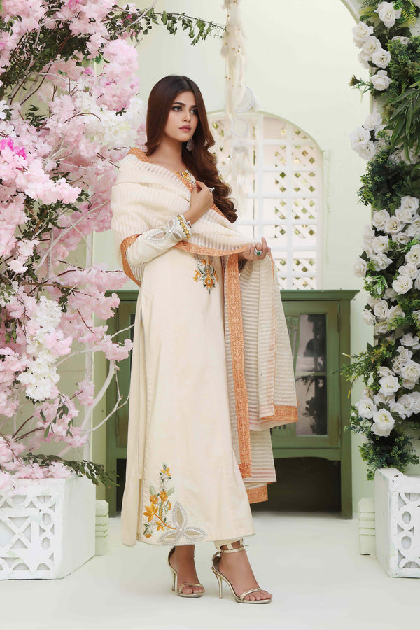 Wahajmkhan | Sitara Formals | IVORY COTTON OUTFIT by Wahaj M.Khan - Designer Dress - Type: Ladies Clothes - Available at Libayah - 100% Original