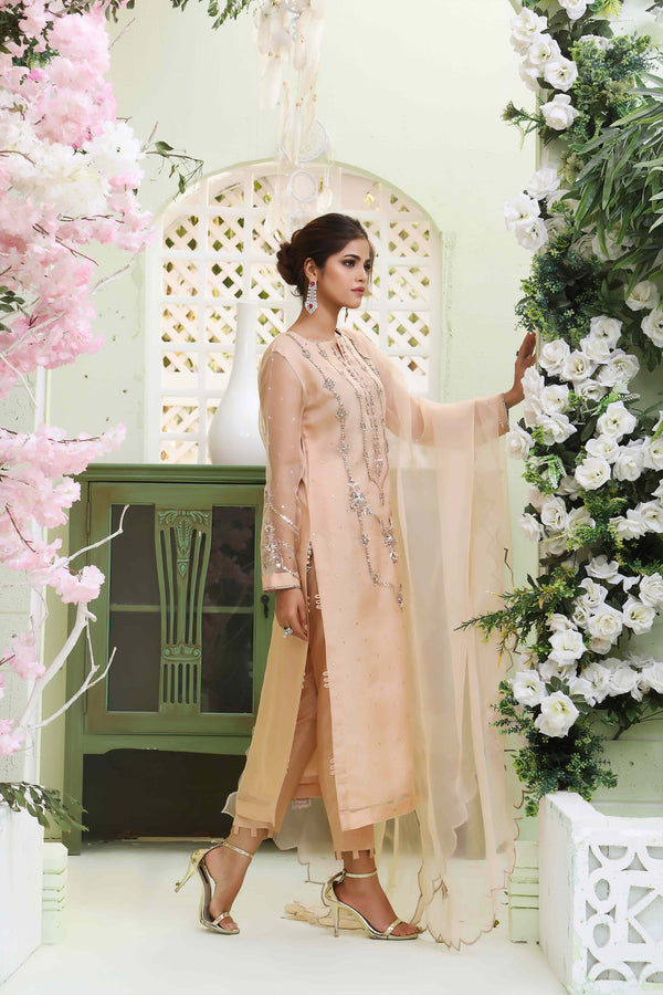 Wahajmkhan | Sitara Formals | NUDE PEACH ORGANZA OUTFIT by Wahaj M.Khan - Designer Dress - Type: Ladies Clothes - Available at Libayah - 100% Original